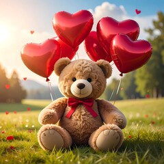 Teddy bear seated in a meadow, surrounded by red heart balloons.  A serene, sunny landscape