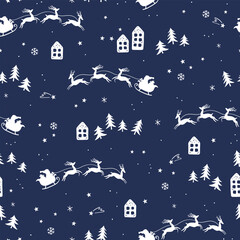 Seamless Christmas pattern with Santa Claus in sleigh, reindeer, snowy trees, stars and cozy houses on dark blue winter night – festive holiday background design
