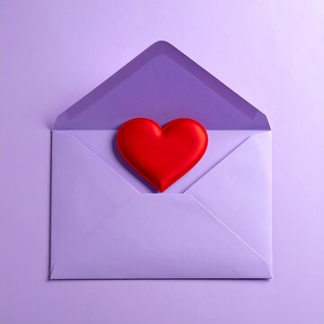 A vibrant purple envelope, open, holds a red heart