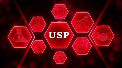 Red USP Hexagon Infographic with Business Icons and Glowing Lights Unique Selling Proposition marketing