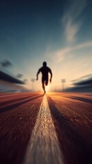 Blurred stadium track background with warm morning light and motion blur, runner silhouette in starting pose, feeling of energy and focus, wide copy space.