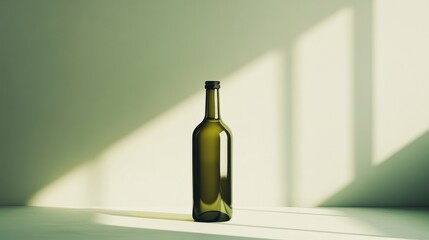 Glass bottle standing in minimalist room with sunlight