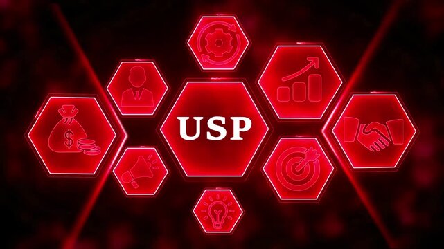 Red USP Hexagon Infographic with Business Icons and Glowing Lights Unique Selling Proposition marketing