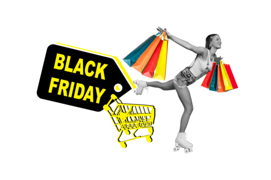 Composite photo collage of happy girl ride roller skates carry bags purchase black friday sale trolley promo isolated on painted background