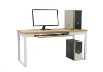A computer workstation with a monitor, keyboard, and two tower cases is isolated on transparent background