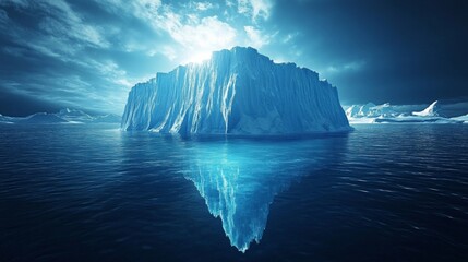 An iceberg in the ocean under a cloudy sky symbolizes climate change and melting glaciers, making it suitable for environmental projects.
