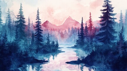 Serene landscape with river and mountains in peaceful forest