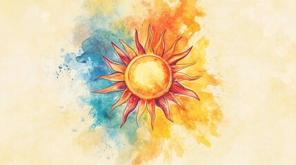 Watercolor depiction of a vibrant sun with rays in the sky