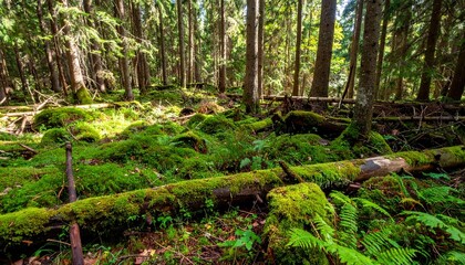 Forest with dense carpet of liverworts and moss on rotting logs in a constantly damp shaded environment