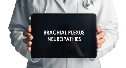 Doctor holding tablet with brachial plexus neuropathies text isolated on transparent background