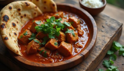 Appetizing curry and naan bread with cilantro on wooden surface