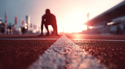 Fototapeta premium Blurred stadium track background with warm morning light and motion blur, runner silhouette in starting pose, feeling of energy and focus, wide copy space.
