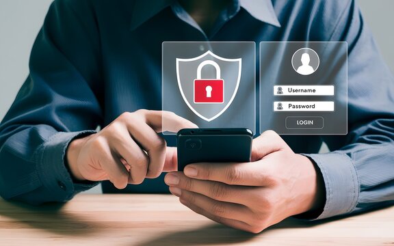 Person using smartphone with security shield and login interface overlayed on the screen view image