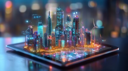 Futuristic cityscape with tablet and wind turbines at night