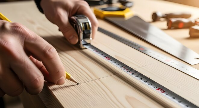 Carpenter measuring and marking a wooden plank using tape measure and pencil, focusing on accuracy, craftsmanship, and preparation for woodworking construction - Powered by Adobe
