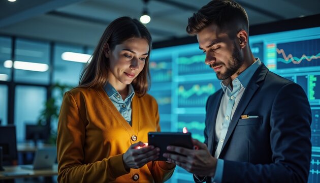 Business colleagues analyzing data on tablet in modern office with digital screens