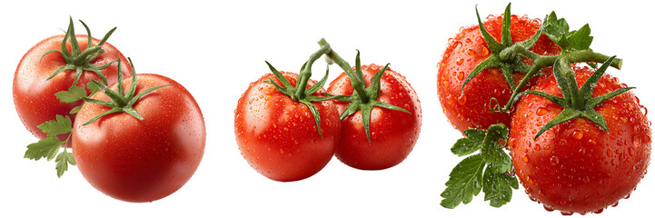 Set of a Fresh Red Tomato, Whole and Sliced, isolated on a transparent background.