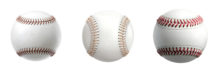 Set of a Four Baseballs with Red and White Stitching, isolated on a transparent background.