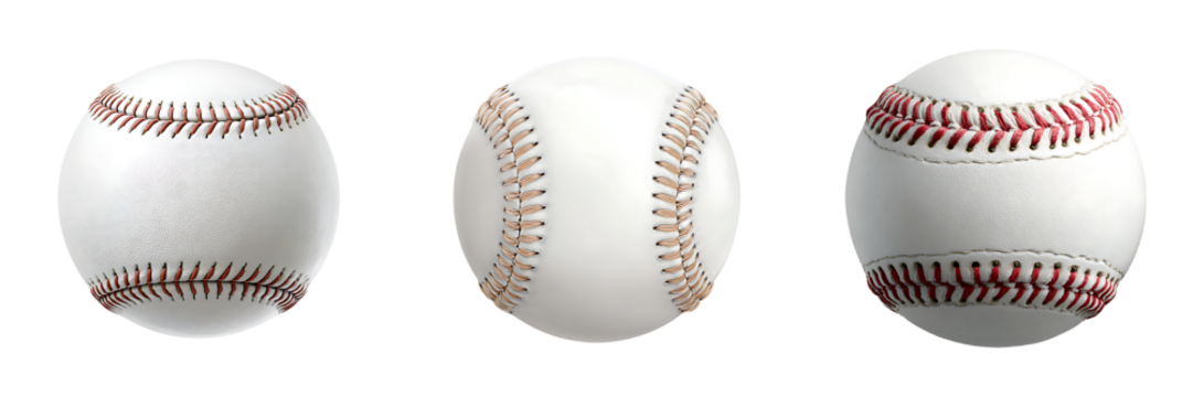 Set of a Four Baseballs with Red and White Stitching, isolated on a transparent background.
