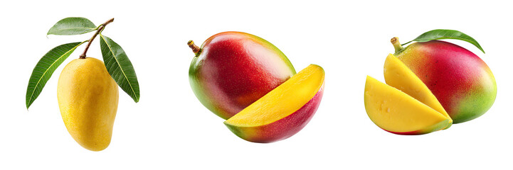 Set of a Fresh Tropical Mango, Whole and Sliced, isolated on a transparent background.