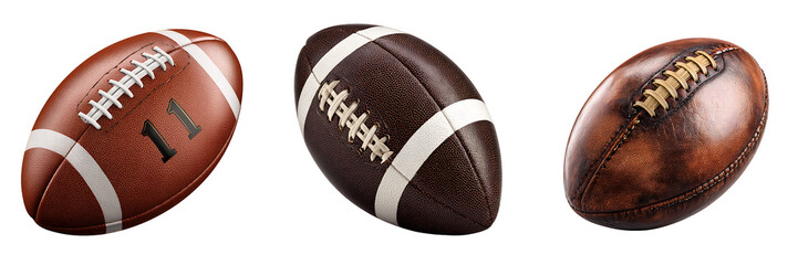 Set of a Four Leather American Footballs, isolated on a transparent background.