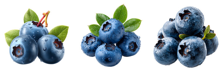 Set of a Fresh Blueberry with Water Droplets and Leaves, isolated on a transparent background.
