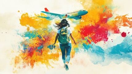 Young Asian woman walking away from airplane with backpack outdoors