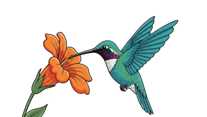 A vibrant illustration of a hummingbird gracefully feeding on nectar from a bright orange flower.