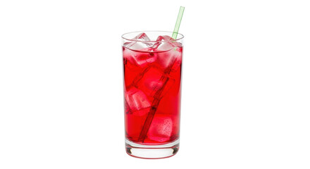 Isolated red beverage with ice cubes and a straw, refreshing drink for hot weather