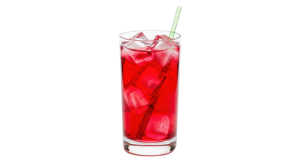 Isolated red beverage with ice cubes and a straw, refreshing drink for hot weather