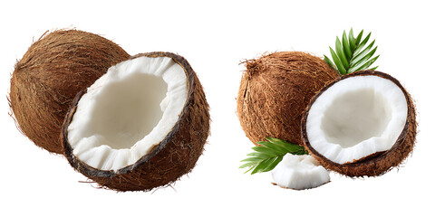 Set of a Fresh Coconut, Whole and Halved, isolated on a transparent background.