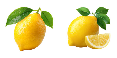 Set of a Fresh Yellow Lemon with Leaves and Slices, isolated on a transparent background.