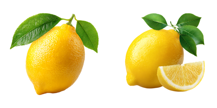 Set of a Fresh Yellow Lemon with Leaves and Slices, isolated on a transparent background.