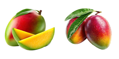 Set of a Fresh Tropical Mango, Whole and Sliced, isolated on a transparent background.