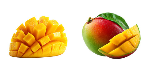 Set of a Fresh Tropical Mango, Whole and Sliced, isolated on a transparent background.