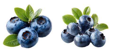 Set of a Fresh Blueberry with Water Droplets and Leaves, isolated on a transparent background.