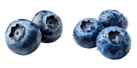 Set of a Fresh Blueberry with Water Droplets and Leaves, isolated on a transparent background.
