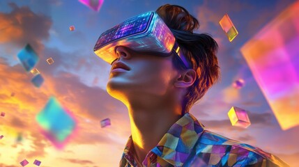 Obraz premium Young man experiencing virtual reality outdoors at sunset