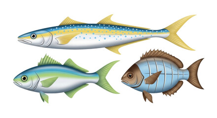 Isolated assortment of fish species featuring diverse shapes, sizes, colors, and fins for design use