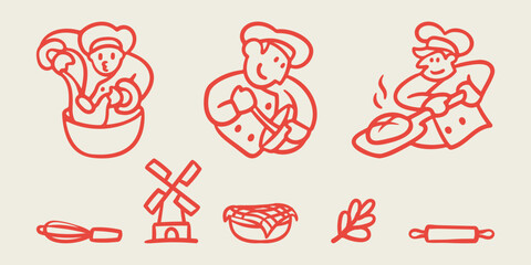 Illustration of baker activity cooking home made bread with icon collection of bakery shop. Modern doodle outline simple bold style baking design set element 