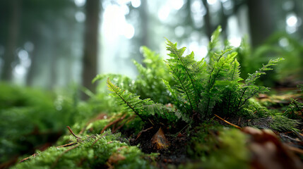 Lush green ferns and moss covering a forest floor, with soft light and atmospheric mist/rain particles visible against blurred trees in the background, creating a serene natural sc