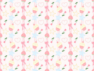 seamless pattern with pink flowers and cupcake 