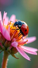 Ladybug on a pink flower. Close-up view of a vibrant red ladybug perched delicately on the center of a pink flower, bathed in soft sunlight