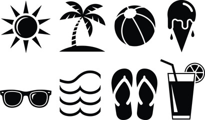 Summer vacation icons set – sun, palm tree, beach ball, ice cream, sunglasses, ocean waves, flip-flops, tropical drink vector symbols