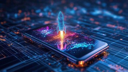 Rocket launching from smartphone screen in digital environment