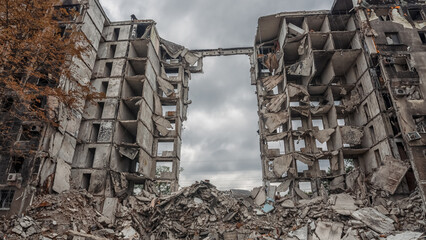 ruined street and destroyed houses the city Kiev war in Ukraine