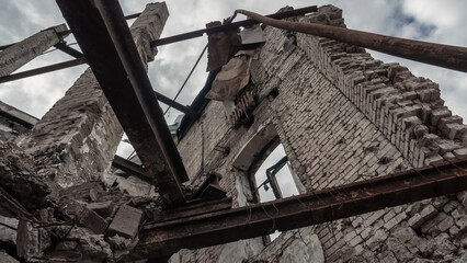 ruined street and destroyed houses the city Kiev war in Ukraine