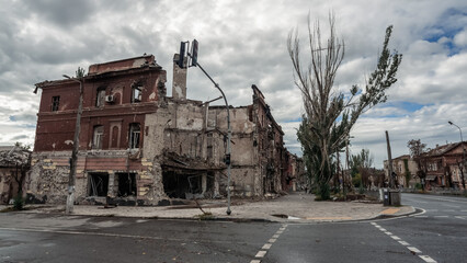 ruined street and destroyed houses the city Kiev war in Ukraine