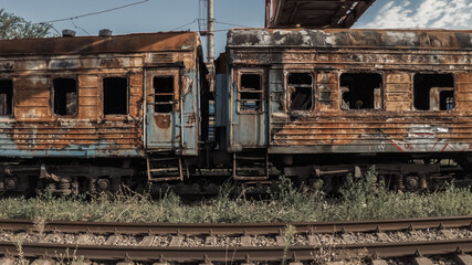 damaged and burnt trains in Ukraine