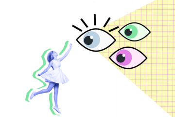 Composite photo collage of happy blonde girl ballerina dance imitation touch huge eyeball vision stalker isolated on painted background